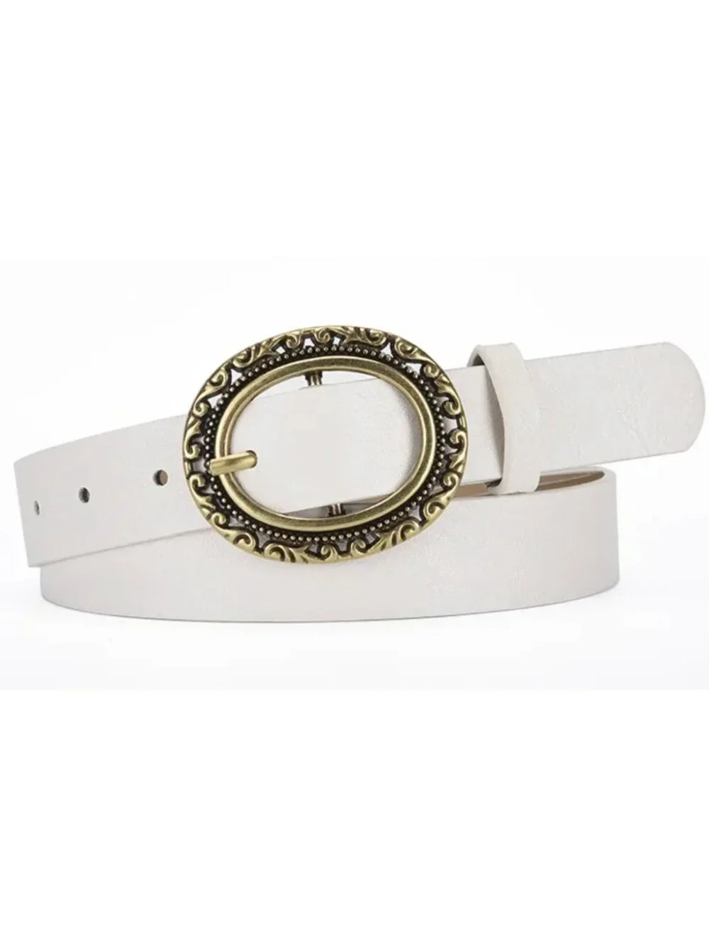 Vintage-Style Oval Buckle Faux Leather Belt Set of 2 White & Brown